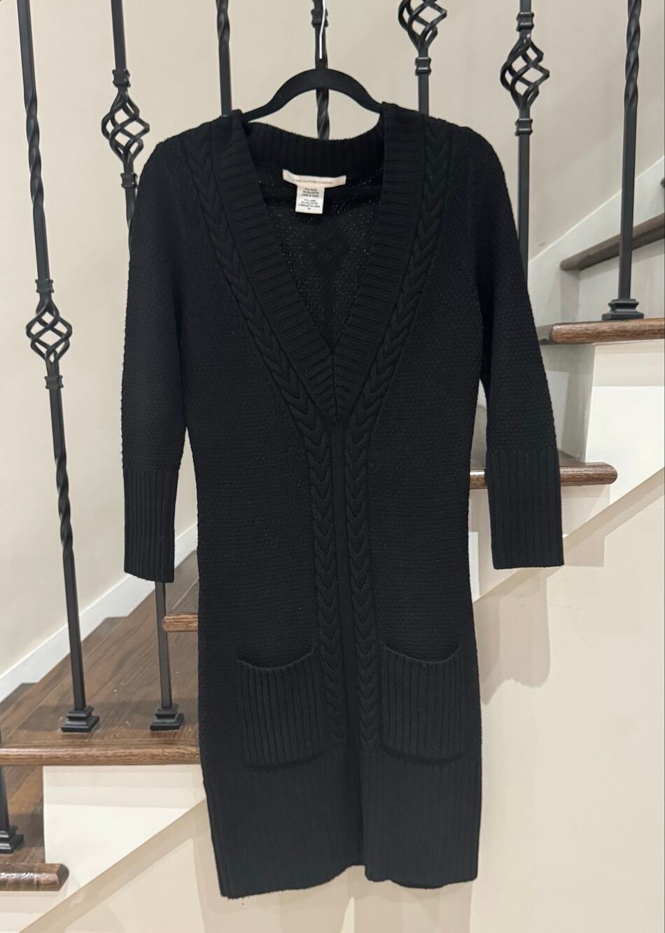 Diane von Furstenberg DVF Black Wool Cable Knit Long Cardigan Medium